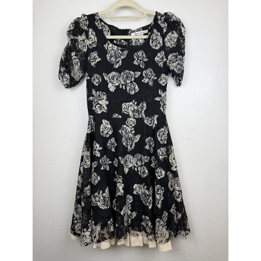 American Rag Black and White Rose Print Lace short puff sleeves Dress Size S - Picture 2 of 7